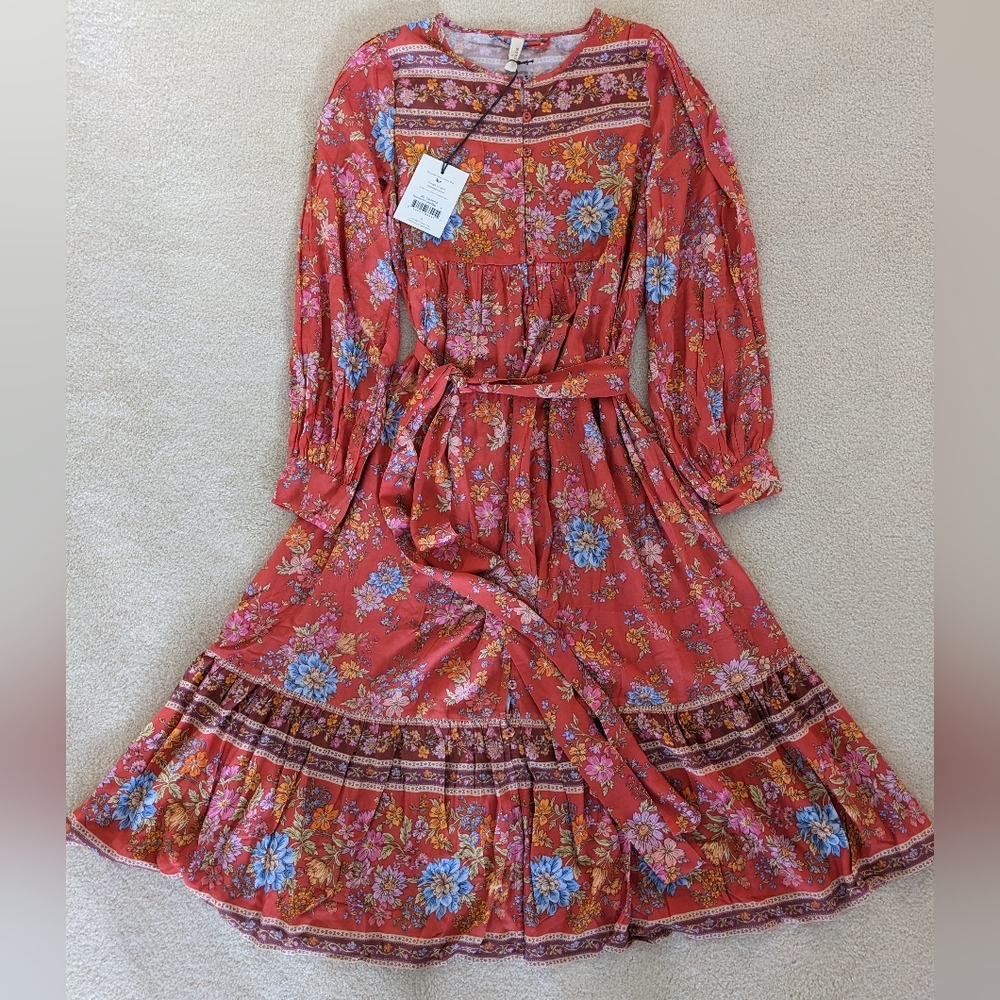 Spell Red Floral Midi Dress with Blue Accents